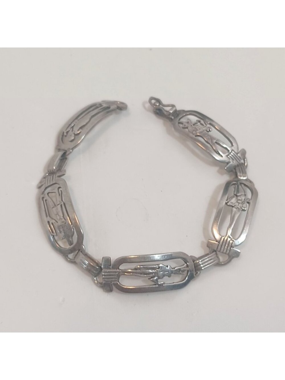 925 Sterling Silver Vtg Egyptian Hieroglyphic Storyteller Panel Link Bracelet